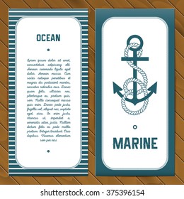 Vector flyer template in ocean style with anchor with rope. Wooden background.