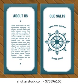 Vector flyer template in ocean style with steering wheel with rope. Wooden background.