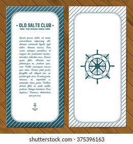 Vector flyer template in ocean style with steering wheel with rope. Wooden background.