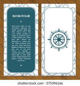Vector flyer template in ocean style with steering wheel with rope. Wooden background.