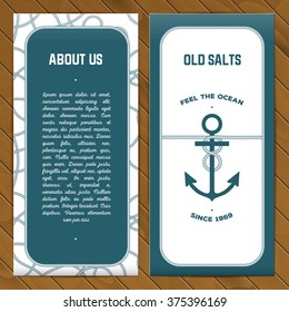 Vector flyer template in ocean style with anchor with rope. Wooden background.