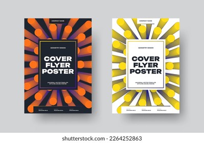 Plantilla de volante vectorial con elemento 3d de gradiente amarillo, ilustración redonda con cuadrado blanco y negro para texto. Cubierta con brillante fondo creativo, afiche con diseño para empresas, empresa