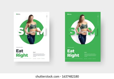 Vector flyer template for print, social media advertising. Design a poster with a girl in a circle in the center on a green and white background, Blurry image for example.