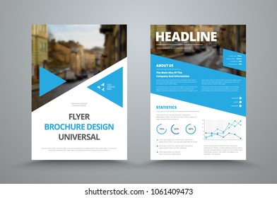 vector flyer template with triangles, diagonals and a place for a photo. Design of the cover and back page of the brochure with blue elements.