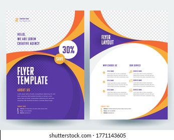 Vector flyers brochure layout, design template, company profile, magazine, poster, annual report, book covers and booklet, with orange ribbon shape and circle design element in A4 size with bleed.