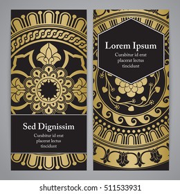 Vector flyers with mandala in black, gold and white colors. Based on ancient greek, islamic and turkish ornaments. For invitation, banner, postcard or flyer.