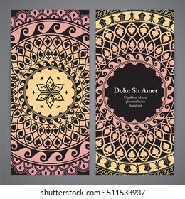 Vector flyers with mandala in black, gold and white colors. Based on ancient greek, islamic and turkish ornaments. For invitation, banner, postcard or flyer.
