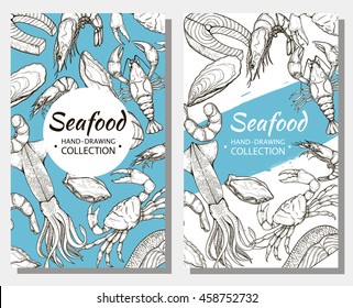 Vector flyers on the marine theme with ocean animals. Sketches of sea food, linear silhouettes of crab, lobster, oysters, squid, shrimp, fish. Booklets and backgrounds templates for design