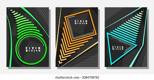 Vector Flyers Set, 3 diseños coloridos con formas geométricas decorativas con espacio de copia para texto sobre fondo de rayas oscuras, colección de plantillas mínimas de volante de diseño para empresa empresarial