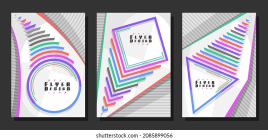Vector Flyers Set, 3 colorful layouts with decorative geometric shapes with copy space for text on white striped background, collection of minimal design flyer templates for corporate business company