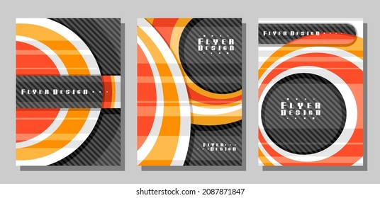 Vector Flyers Set, 3 diseños coloridos con formas geométricas decorativas con espacio de copia para texto sobre fondo de rayas oscuras, colección de plantillas mínimas de volante de diseño para empresa empresarial