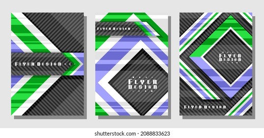 Vector Flyers Set, 3 colorful layouts with decorative rhomb shapes with copy space for text on dark striped background, collection of minimal design flyer templates for corporate business company
