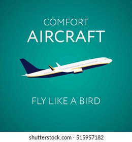 Vector flying airplane on blue background.