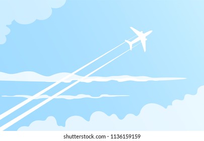 Vector flying airplane in the sky.