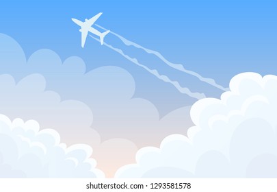 Vector flying airplane in the sky.