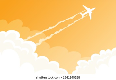 Vector flying airplane in the sunset sky.
