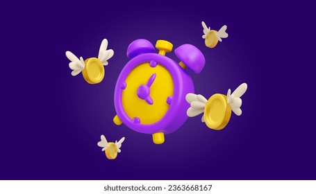 Vector flying alarm clock with money in 3d style. Time is money concept banner. Coin with wing and watch design on dark background. Bank deposit or fast loan