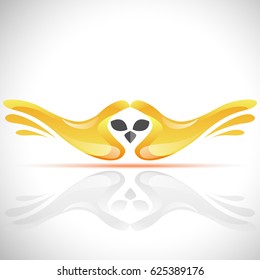 Vector flying bird logo from human's hands. Stock Owl illustration