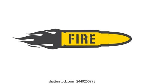 Vector flying bullet from a gun with flames and the inscription Fire. Isolated on white background