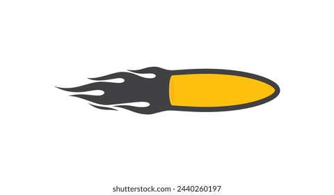 Vector flying bullet from a gun with flames and the inscription Fire. Isolated on white background
