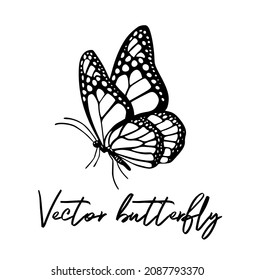 Dibujo del tatuaje negro de la silueta del contorno de la mariposa voladora del vector, aíslar el lápiz.Recorte láser de la percha.Diseño de la impresión de la camiseta.Icono.Signo del logotipo.Bordado.Cortado de papel .Cinta.Craft.Cinta pegatina de pared.