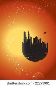 Vector flying city against the backdrop of the sun and stars