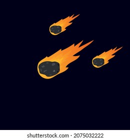 vector of flying comets. flat image of falling asteroids with a fiery tail