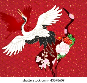 vector flying cranes on red background