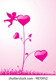 vector flying cupid with floral hearts background