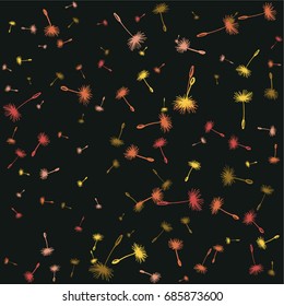 Vector flying dandelion seeds pattern in color. Floral background design with plant elements. Dandelion feather fluff, flower seed illustration. Print, ornament, decorative fabric pattern. 