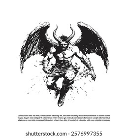 Vector flying devil demon with horns and wings dark art