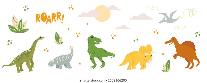 Vector flying dinosaur Pterodactyl, Spinosaurus, T-Rex predator and cute herbivores dinos Brachiosaurus, Triceratops, Stegosaur, Ankylosaurus, sun and clouds, ROAR inscription and bushes.