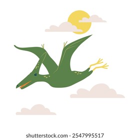 Vector flying dinosaur Pterodactyl with sun and clouds, t shirt print design, poster, card, party invitation
