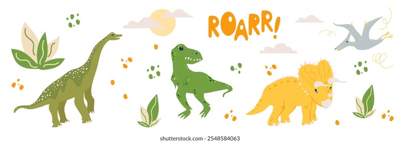 Vector flying dinosaur Pterodactyl, T-Rex predator and cute herbivores dinos Triceratops, Stegosaur, sun and clouds, ROAR inscription and bushes.