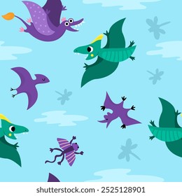 Dinosaurio volador de Vector sin patrón con pterosaurios. Lindo fondo de repetición de animales prehistóricos. Papel digital Dino con Pterodactyl, nubes, cielo para niños
