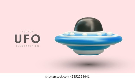 Vector flying disc. 3D spaceship of aliens. World UFO Day. Mystical cosmos. Color poster with place for text. Secrets of ufologists. Unearthly technologies