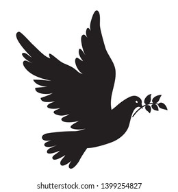 Vector flying dove with olive branch black silhouettes on white background. Peace concept. 
