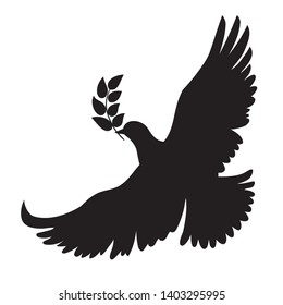 Vector flying dove with olive branch black silhouettes on white background. Peace concept. 
