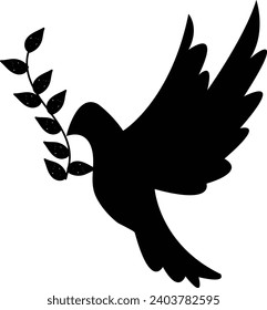 Vector flying dove with olive branch black silhouettes on white background. Peace concept.