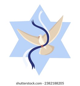 Vector volando paloma de la paz con cintas azules que llevan la paz y el apoyo a Israel con la estrella de la ilustración de David. Apoyar a Israel