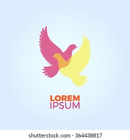 Vector flying doves logo. Bird silhouettes, transparent intersecting layers. Bold graphic style, bright colors. Vector illustration.