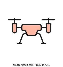 Vector flying drone flat color line icon.