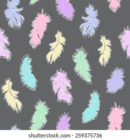 Vector flying feather silhouette with outlined contour seamless pattern in pastel colors on khaki background