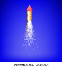 Vector Flying Firework Isolated on Blue Blurred Sky Background. Burning Petard with Fire Flame.