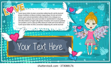 Vector  flying Funny Cute Little Fairy ,pink hearts with wings,letter, message, mail,chalk board and talking bubble for your messages, Happy Valentines Day Hand Drawing  Banner design.
