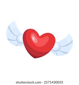 Vector flying heart with wings for Valentines Day. Romantic symbol of love and passion. Element for romance and passion, marriage and honeymoon celebration, heartfelt amorous gift. Sentimental.