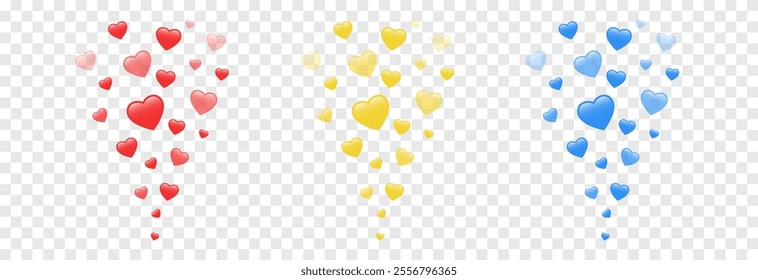 Vector flying hearts png. Reaction likes on social networks. Colorful hearts for Valentine's Day design.