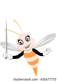 Vector flying honey bee cartoon animal character as tutor,mentor,icon with the stick in hand 