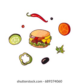 Vector flying ingredients, burger set flat isolated illustration on a white background. Vegetables for pizza, sandwich, roll shawarma fastfood preparation. Chilli, tomato, pepper, olive and cucumber cartoons.