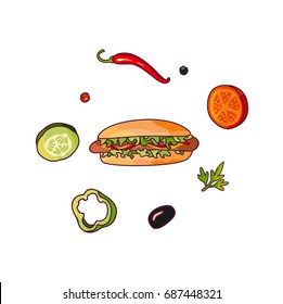 Vector flying ingredients hotdog set flat isolated illustration on a white background. Vegetables for pizza, sandwich, roll shawarma fastfood preparation. Chilli, tomato pepper olive cucumber cartoon